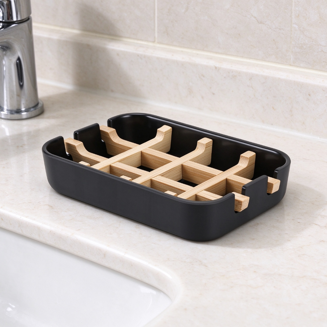 Bamboo Wooden Draining Soap Dish Black