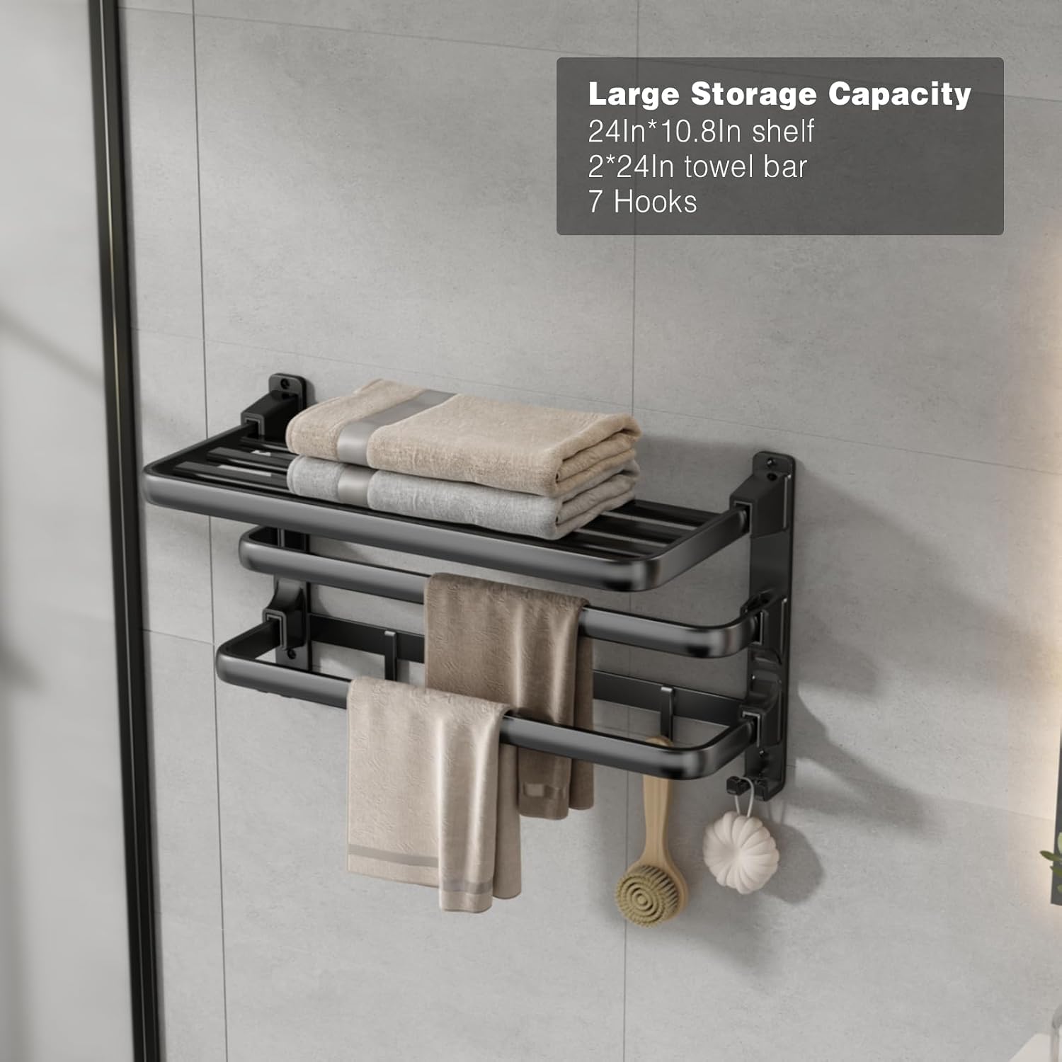 Foldable Wall-Mounted Towel Shelf with Hooks Matte Black - Image 2