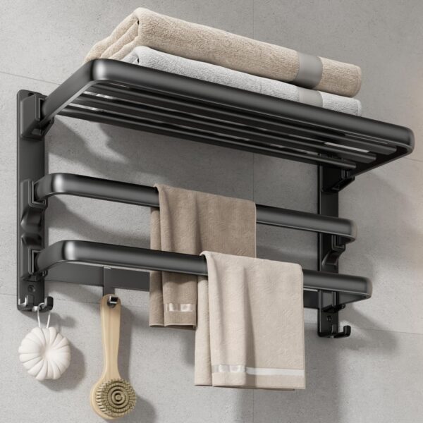 Foldable Wall-Mounted Towel Shelf with Hooks Matte Black