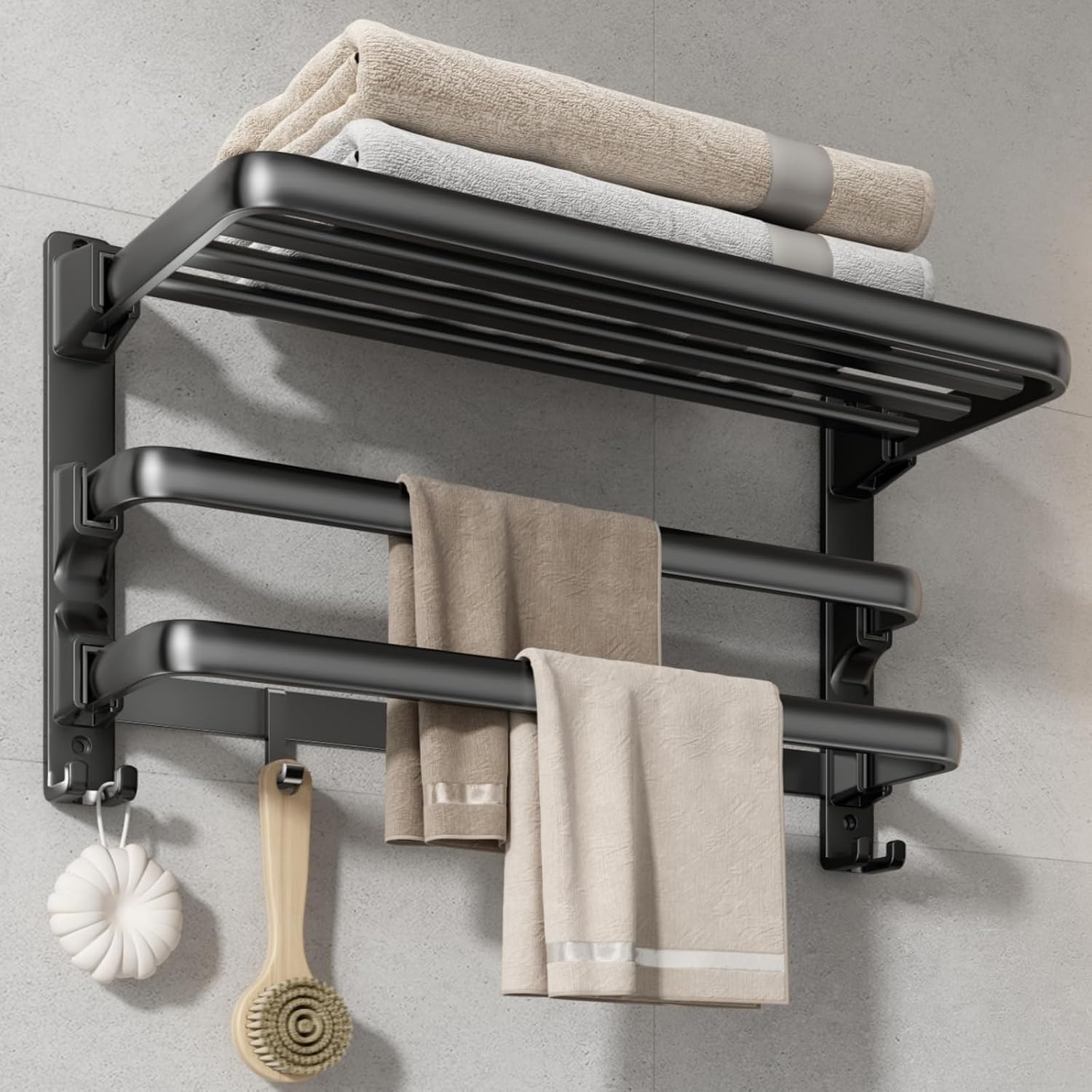 Foldable Wall-Mounted Towel Shelf with Hooks Matte Black